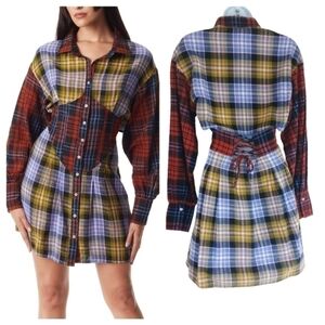 Sam Edelman Plaid Corset Mini Shirtdress Red Yellow Blue Small NWT